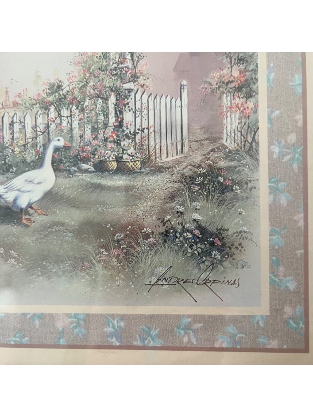 1987 Andres Orpinas Geese In The Garden Wood Framed Print Cottage Core 12'X10" - Picture 4 of 9